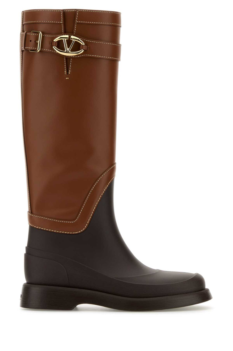 Shop Valentino Brown Two-tone Logo Boots