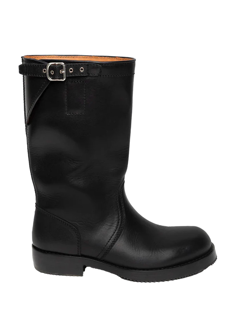 Dries Van Noten Mid-calf Leather Biker Boots Buckle In Black