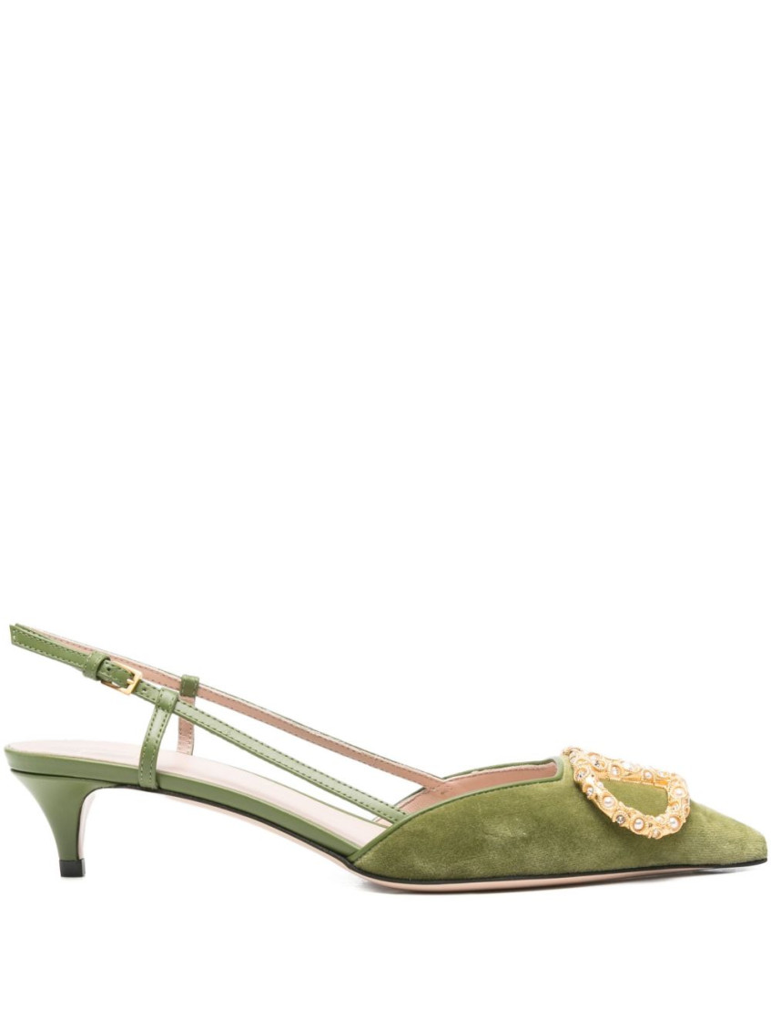 Valentino Signature Velvet Slingback Pumps Embellished Buckle In Green