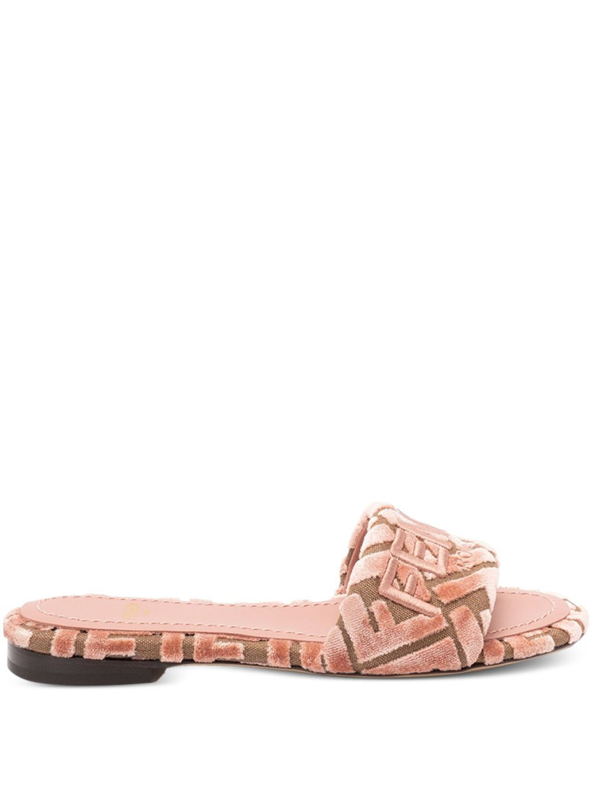 Fendi Velvet Slide Ff Open Toe Flat Sole In Animal Print