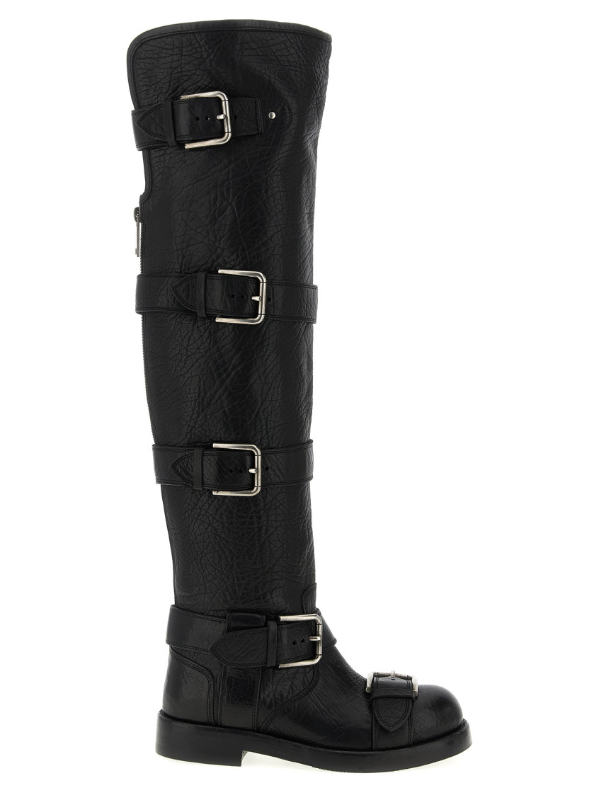 Dolce & Gabbana Bernini Buckled Crinkled-leather Over-the-knee Boots In Black