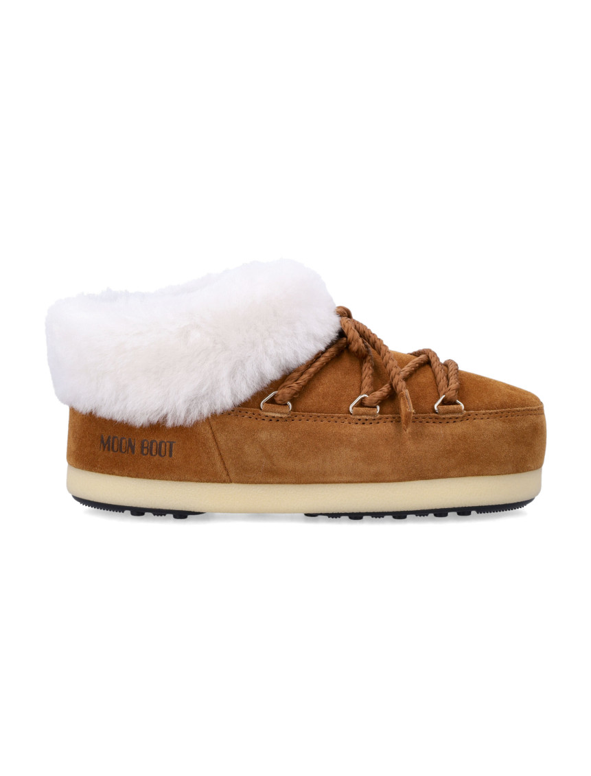 Moon Boot Suede Mules With Braided Lace Detail And Plush Fur Collar In Brown