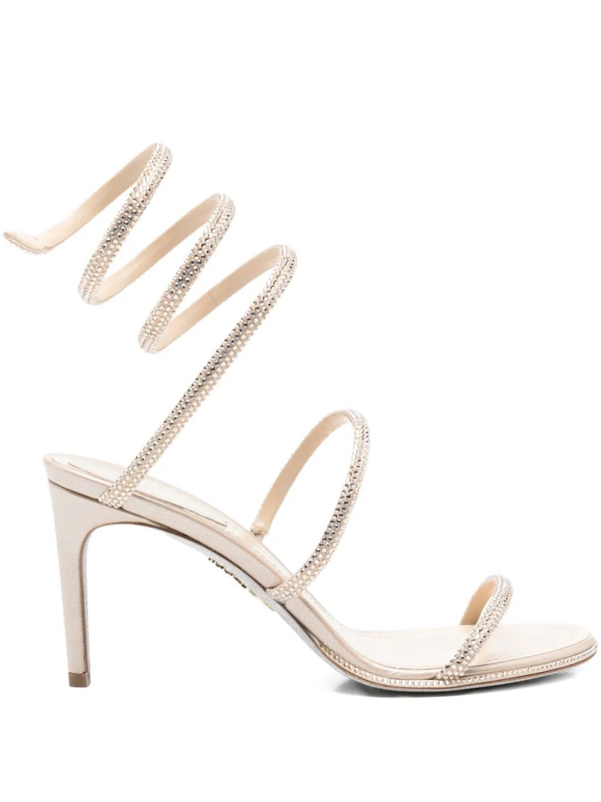 René Caovilla Beige Gold Open Toe Heels In Neutral