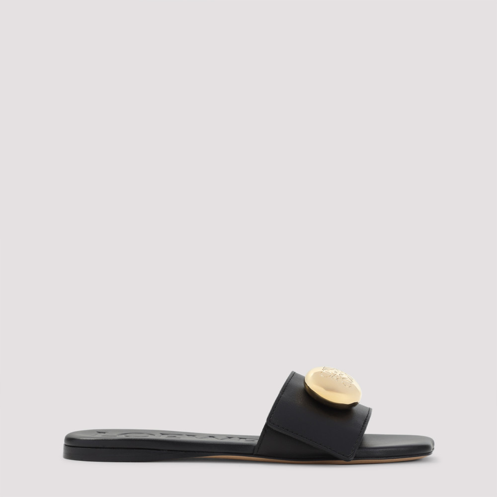 Loewe Elegant Black Calf Leather Sandals With Gold Embellishment In Black
