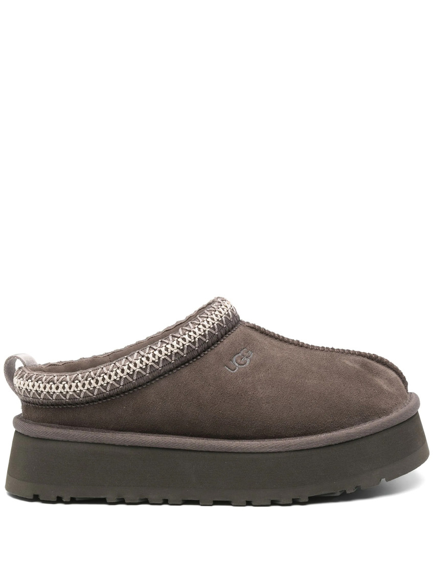 Ugg Trim Embroidered Slipper Round Toe Sole In Brown