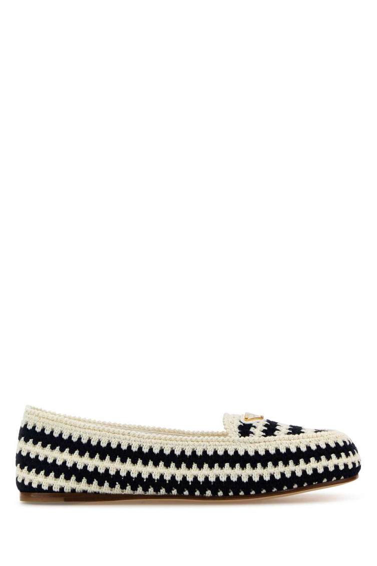 Prada Navy Blue Embroidered Loafers In Brown