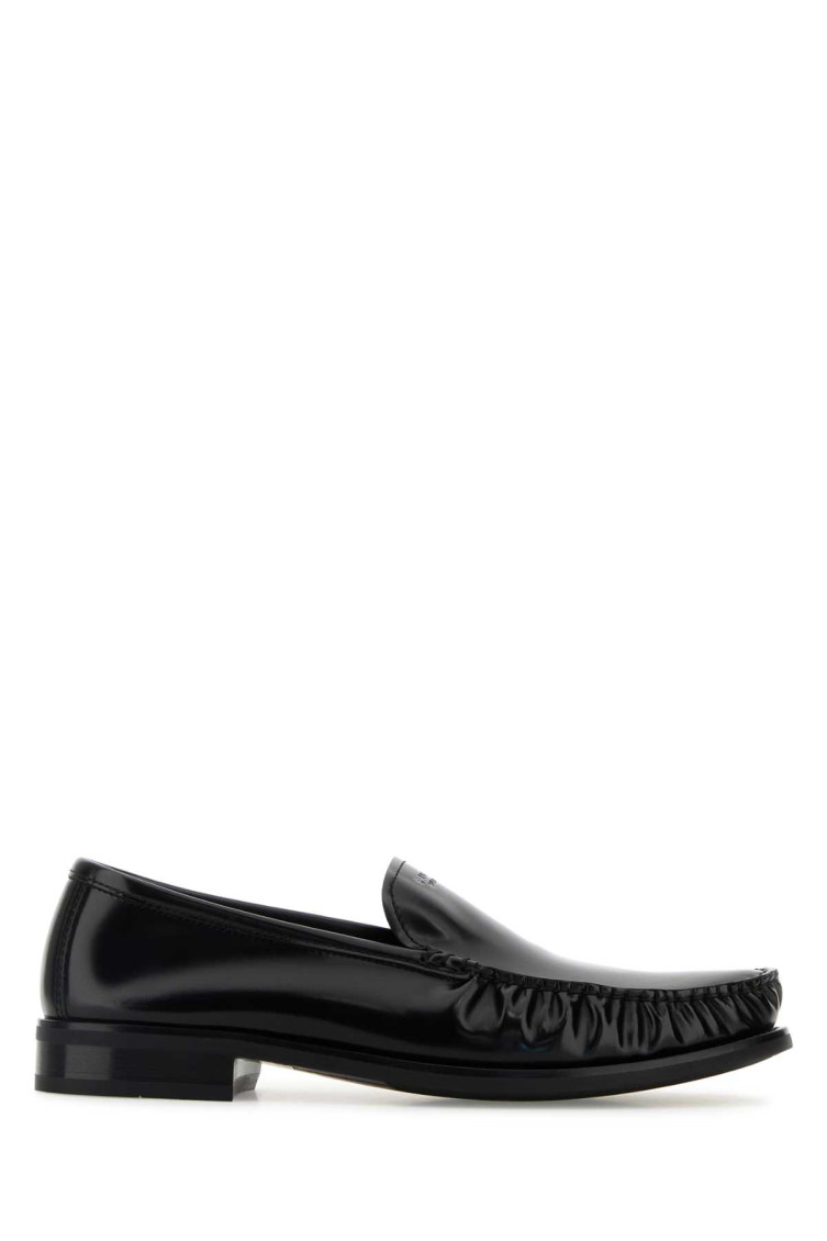Prada Polished Leather Flat Shoes In Black