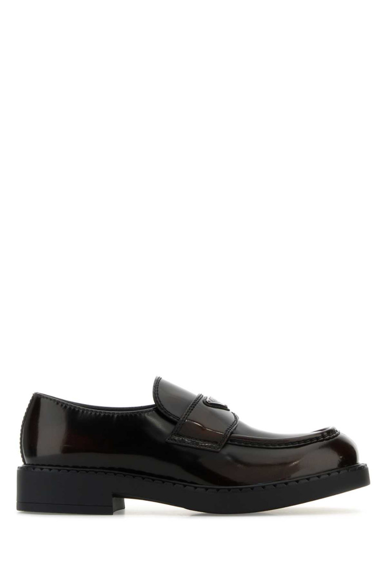 Prada Round Toe Shiny Finish Loafers In Brown