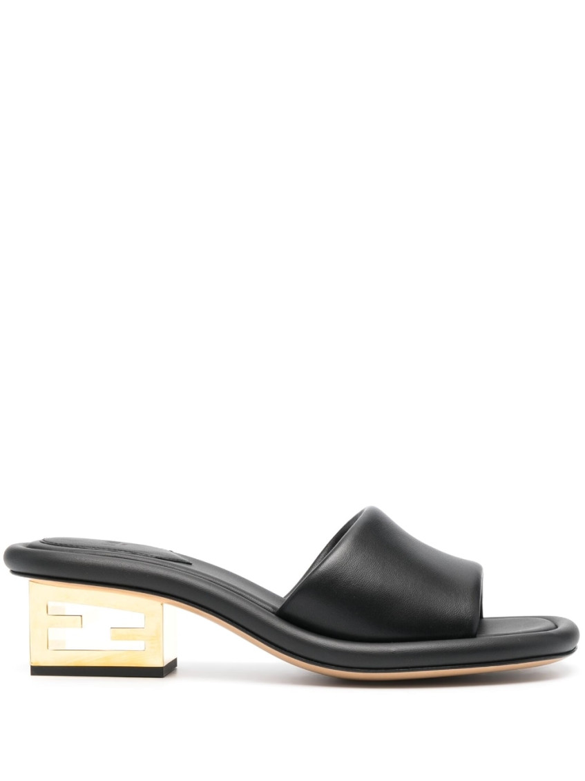 Fendi Nappa Leather Baguette Mules With Block Heel In Black
