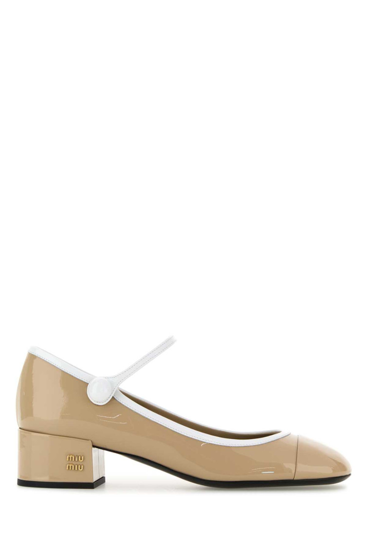 Miu Miu Leather Block Heel Pumps With Round Toe In Sand