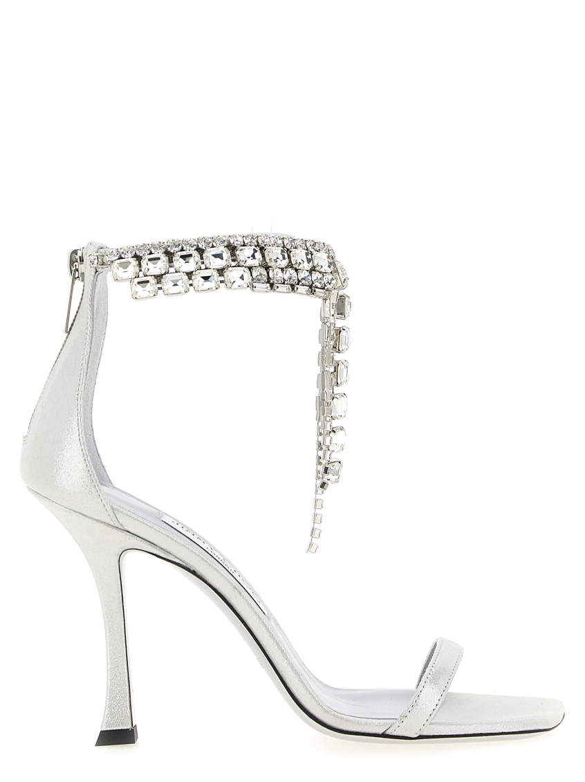 Jimmy Choo 'crystal' Metallic Sandals With Rhinestoned Ankle Strap And High Curved Heel In Silver