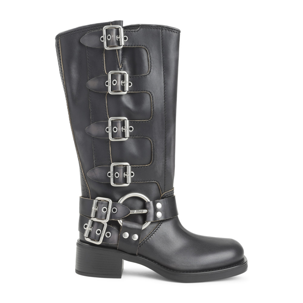 Miu Miu Tall Black Leather Boots With Adjustable Silver Buckles In Gray