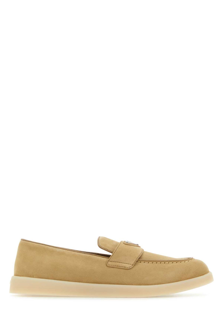 Prada Suede Loafers With Rubber Sole And Stitch Detailing In Neutral