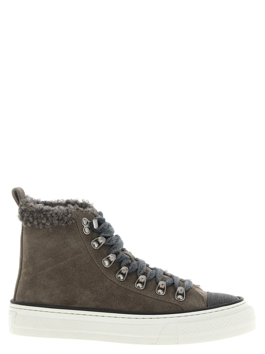 Brunello Cucinelli Shearling-trim Sneakers In Gray