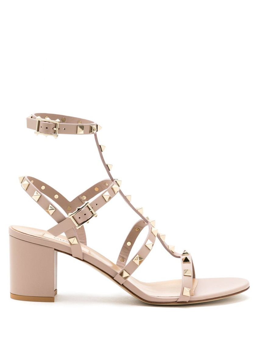 Valentino Studded Leather Block Heel Sandals In Light Pink