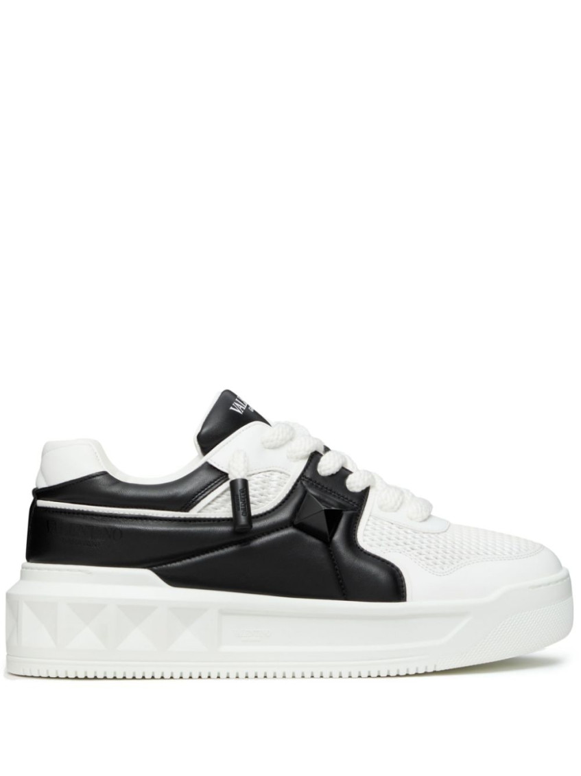 Valentino One Stud Xl Low-top Sneaker In Nappa Leather And Jacquard Toile Iconographe Technical Fabric In White