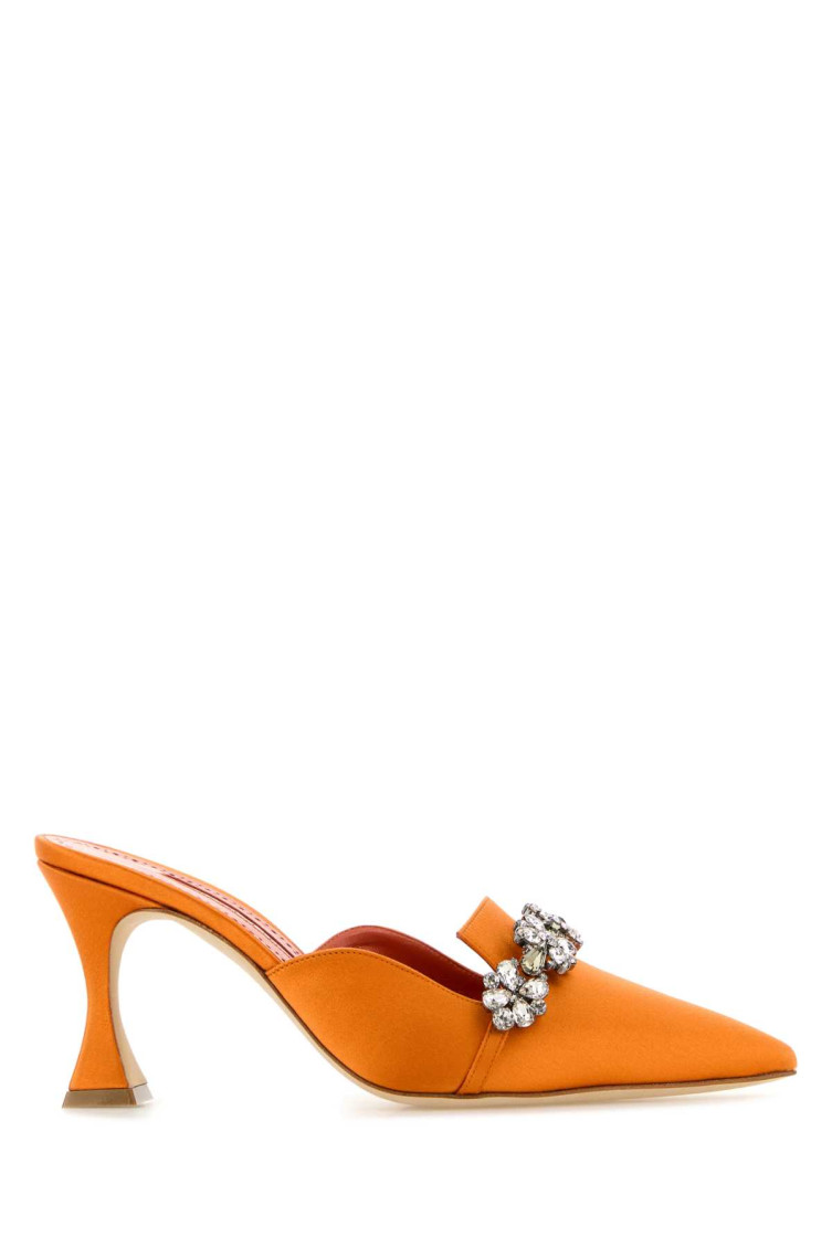 Manolo Blahnik Satin Permu Mules Jewel Detail In Orange