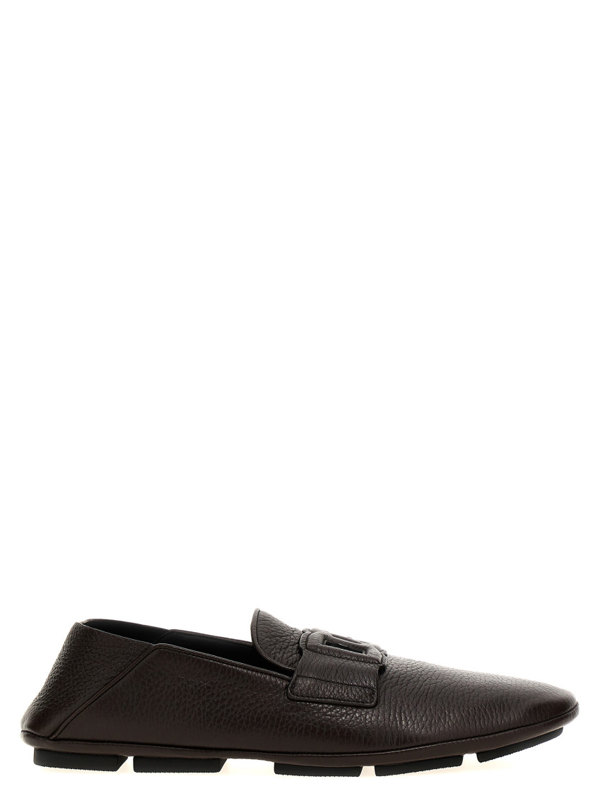 Dolce & Gabbana Leather Loafers With Round Toe And Textured Finish In Brown