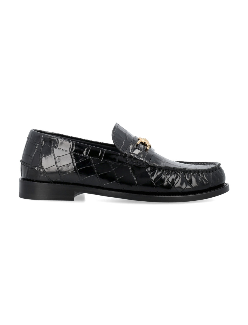 Versace Medusa Crocodile-embossed Leather Loafers In Black