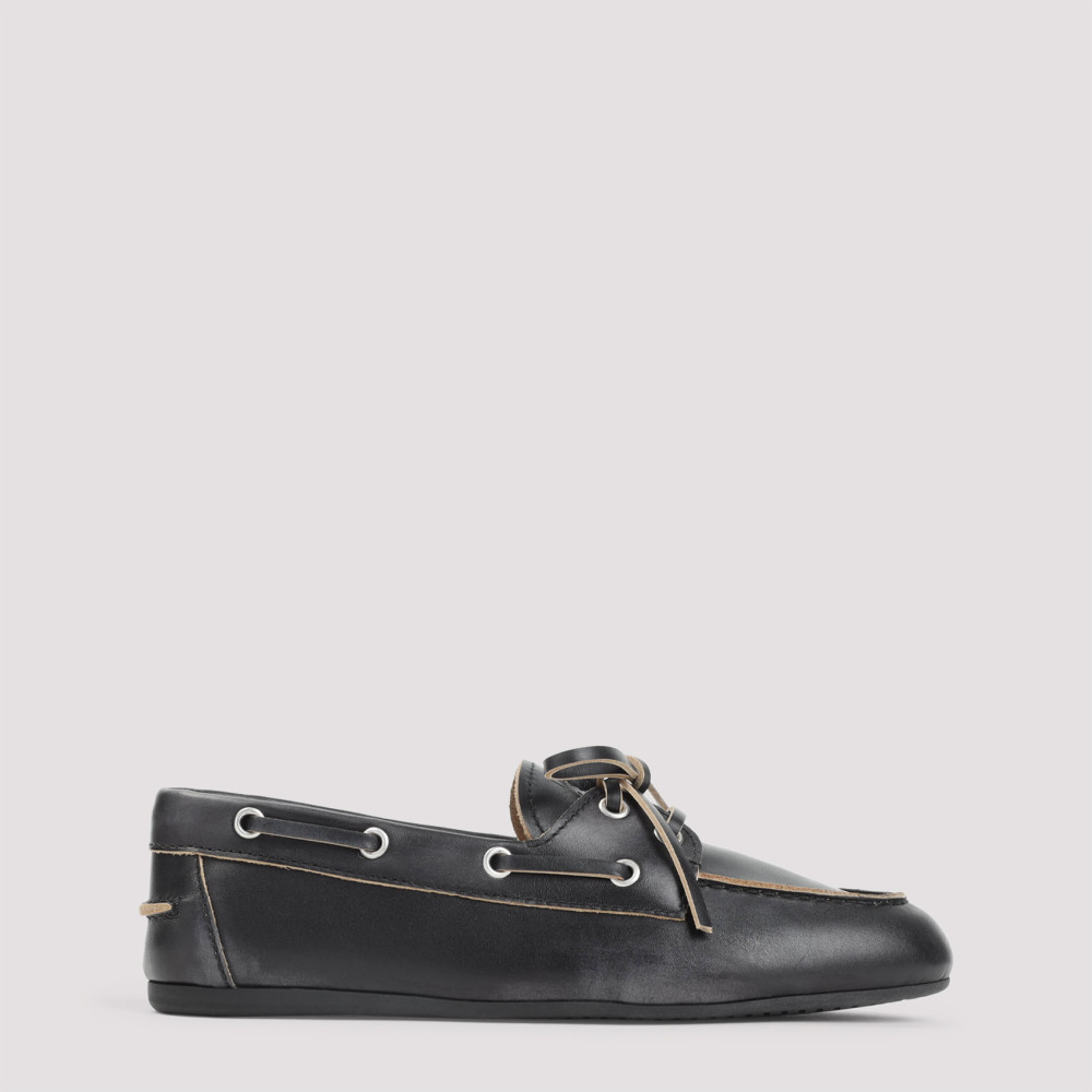 Miu Miu Unlined Boat Loafers In Decolored Leather In Black