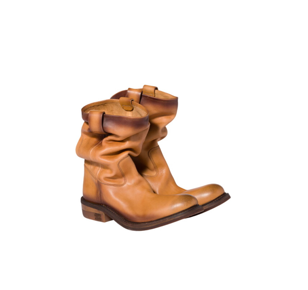 Miu Miu Leather Ankle Boots Round Toe Pull Tab In Brown