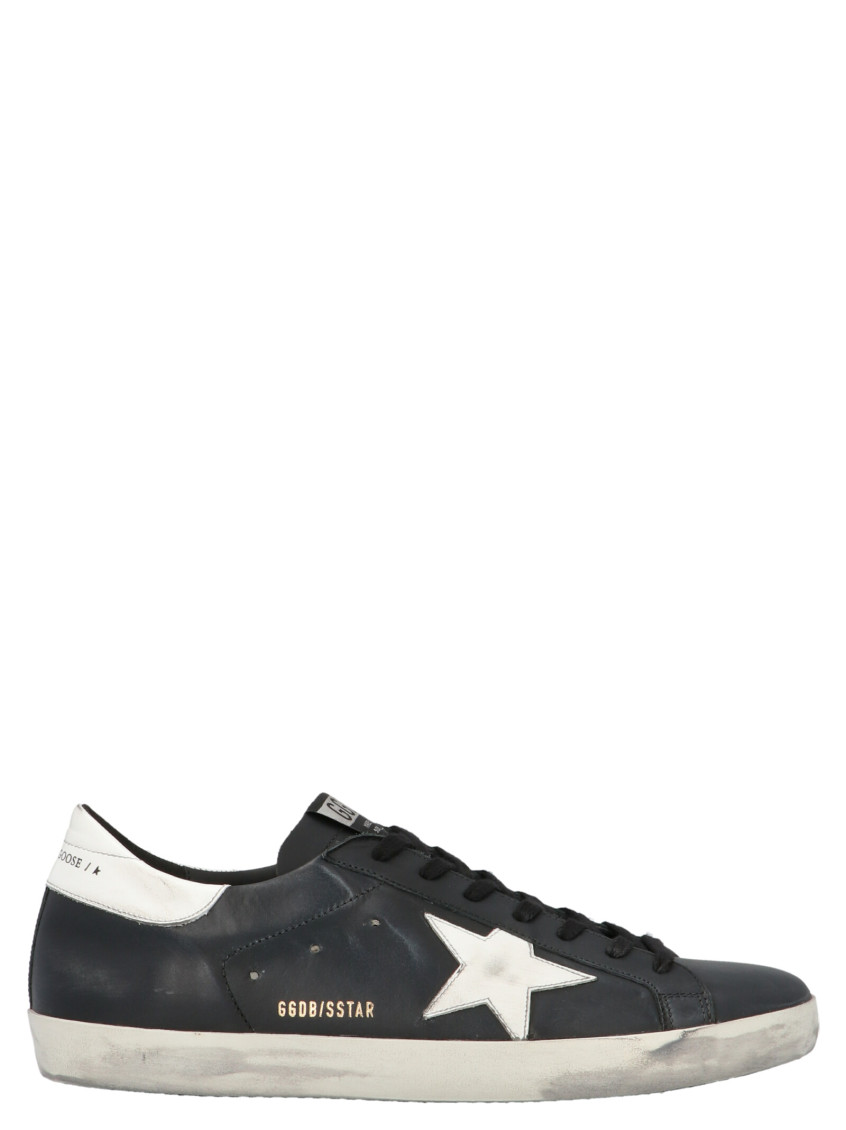 Golden Goose 'super-star' Black Low Top Sneakers With Logo Patch And Suede Details In Leather Man In Blackwhite