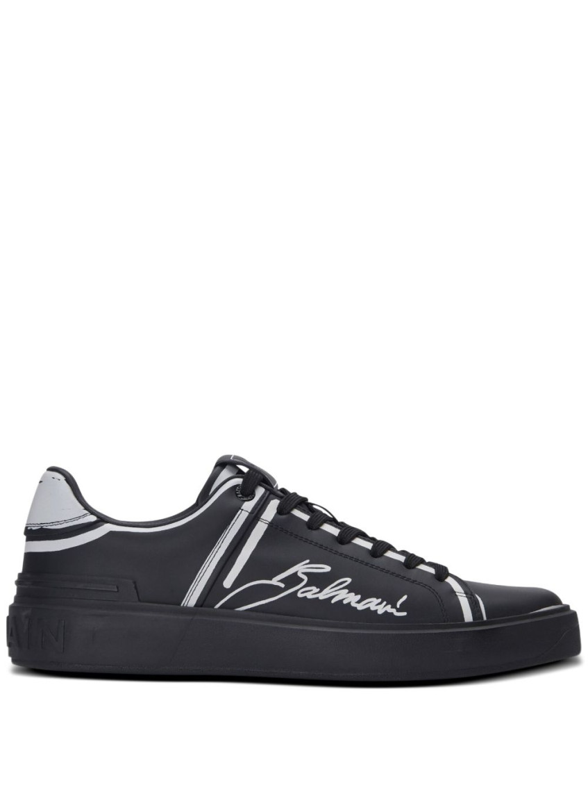 Balmain B-court Low-top Calfskin Sneakers In Black
