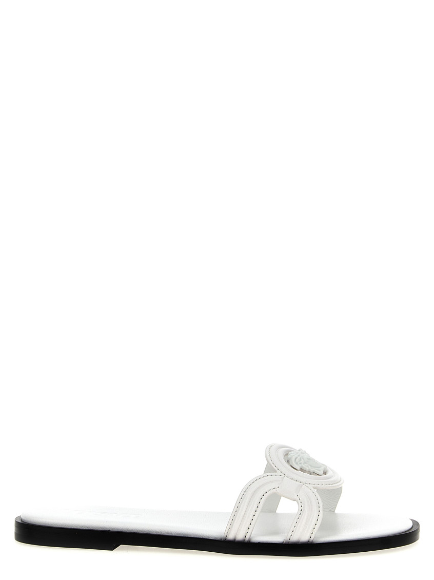 Versace Medusa Leather Flat Slide Sandals In White