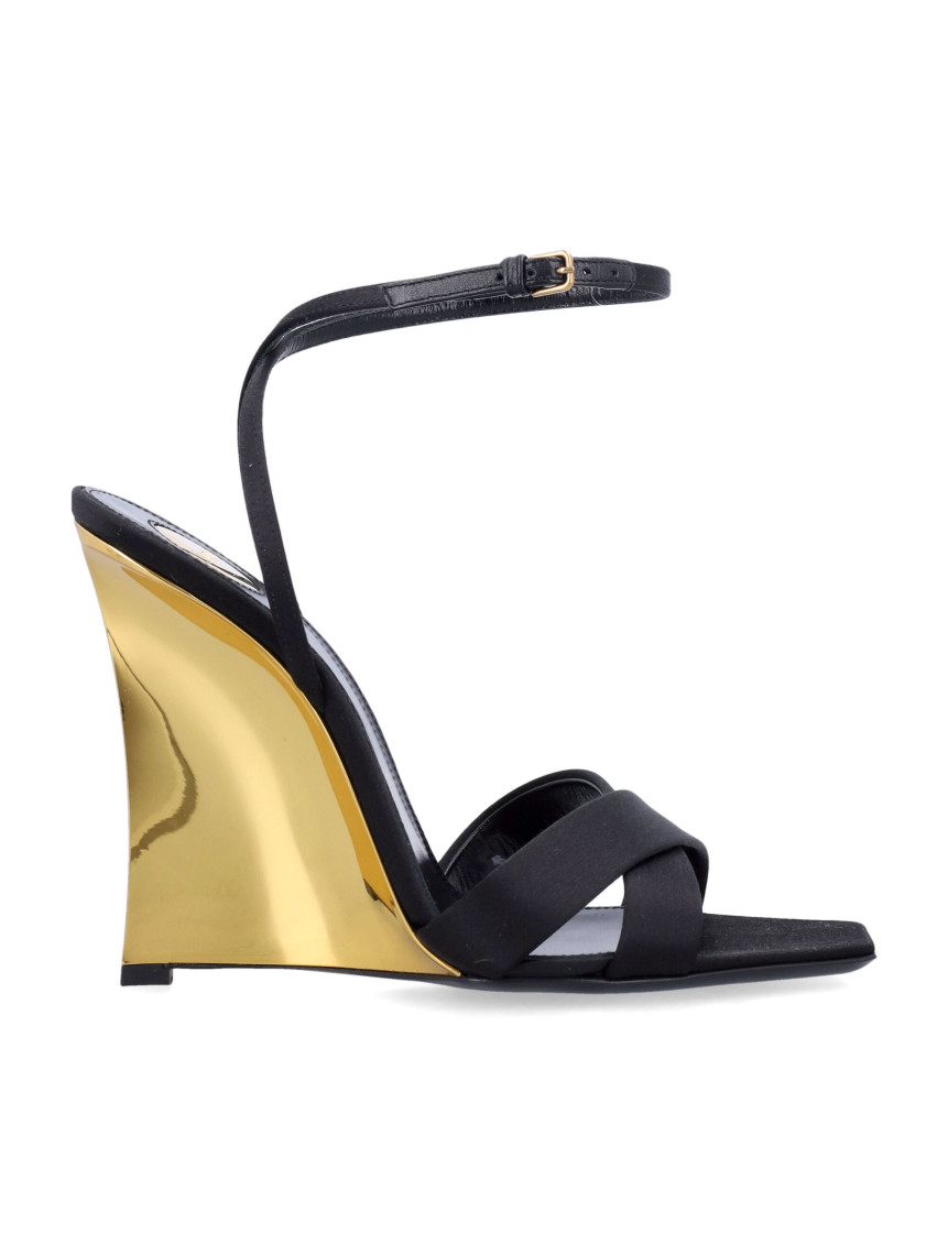 Shop Saint Laurent Black Leather Wedge Heels