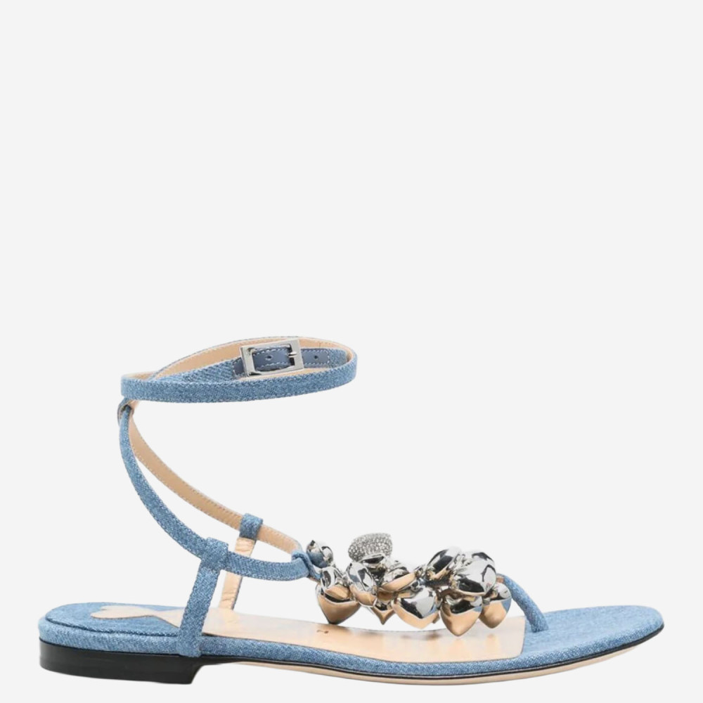 Mach&mach Cotton And Leather Sandals With Heart-shaped Pendant