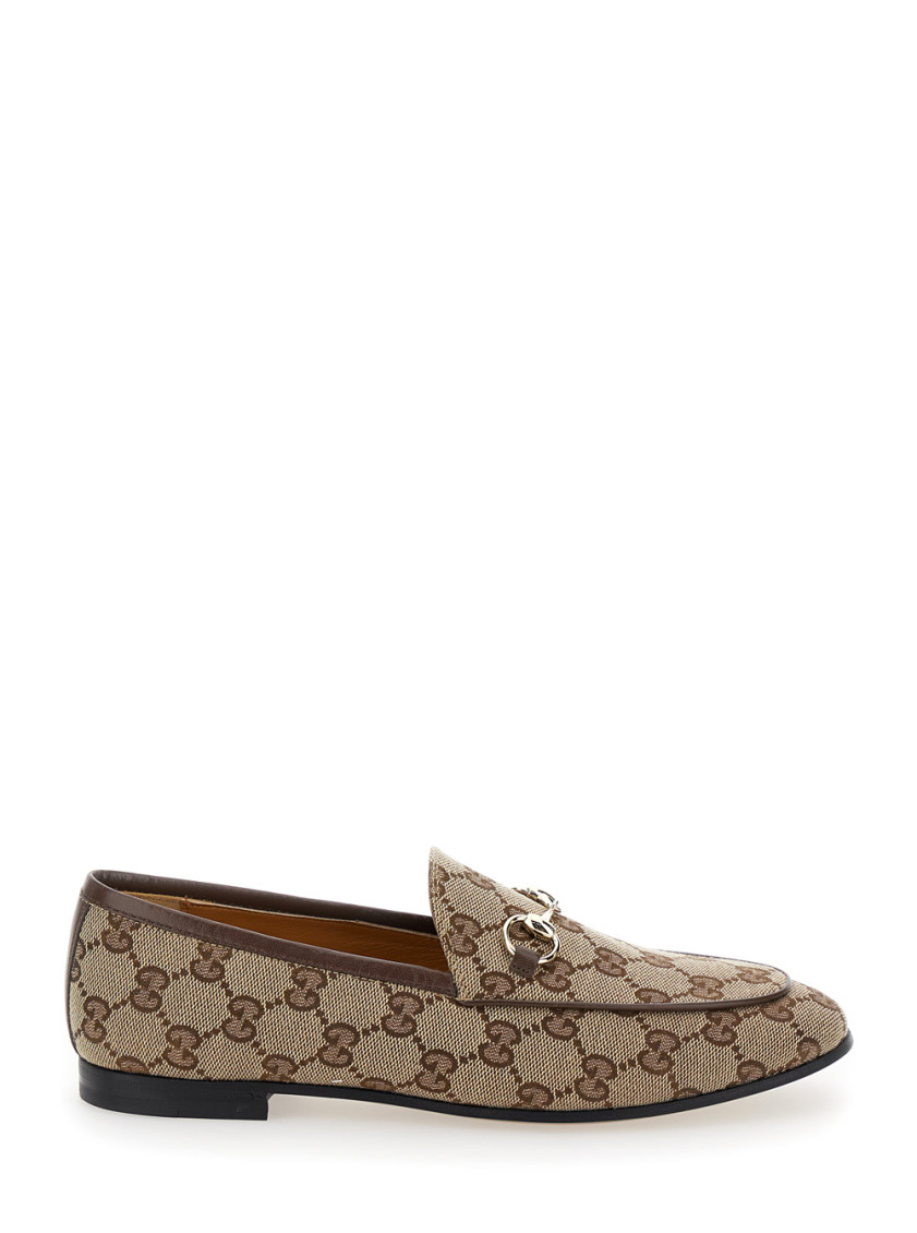 Gucci Jordaan Horsebit Gg Canvas Loafers In Beige