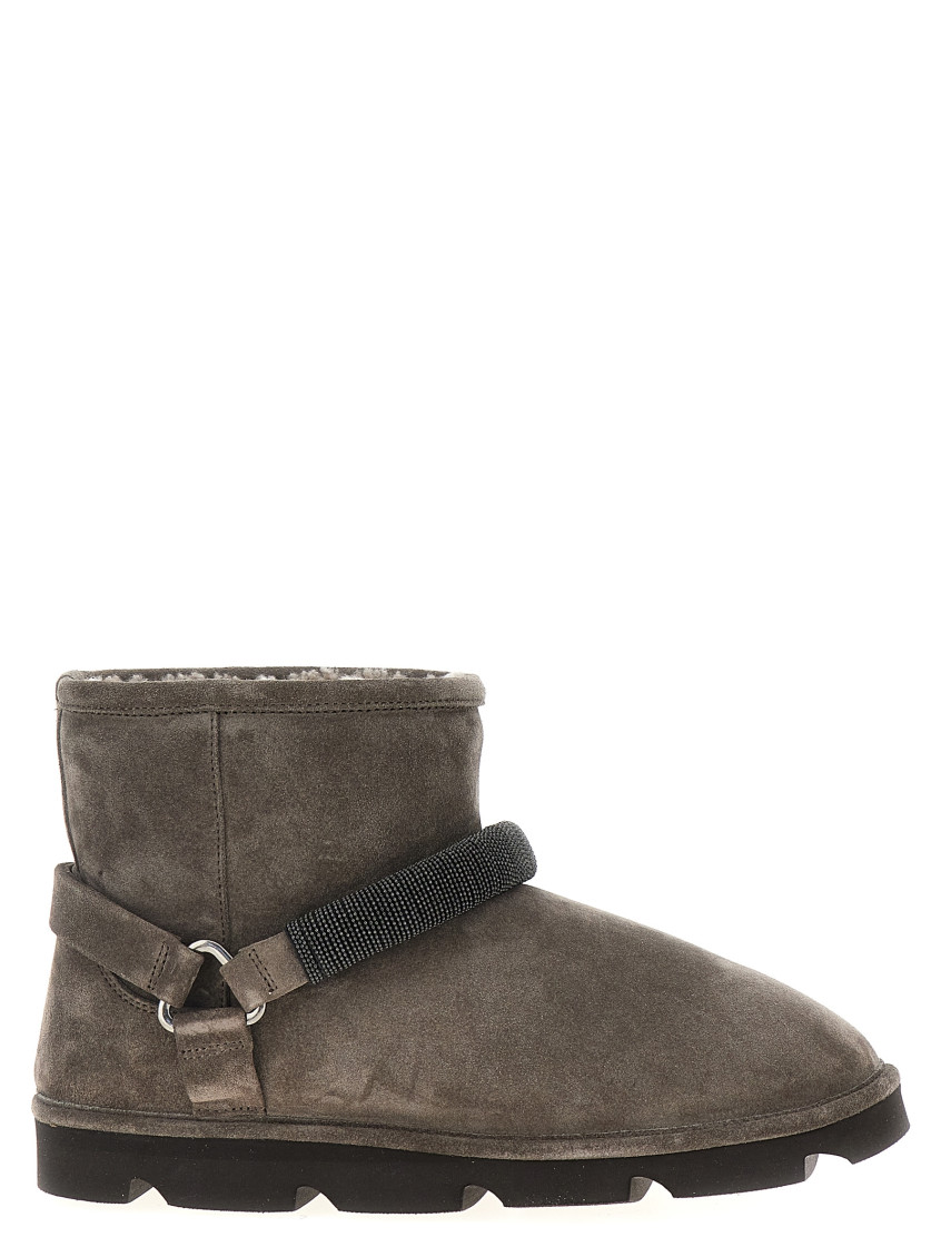 Brunello Cucinelli Suede Shearling Monili Harness Boots In Grey
