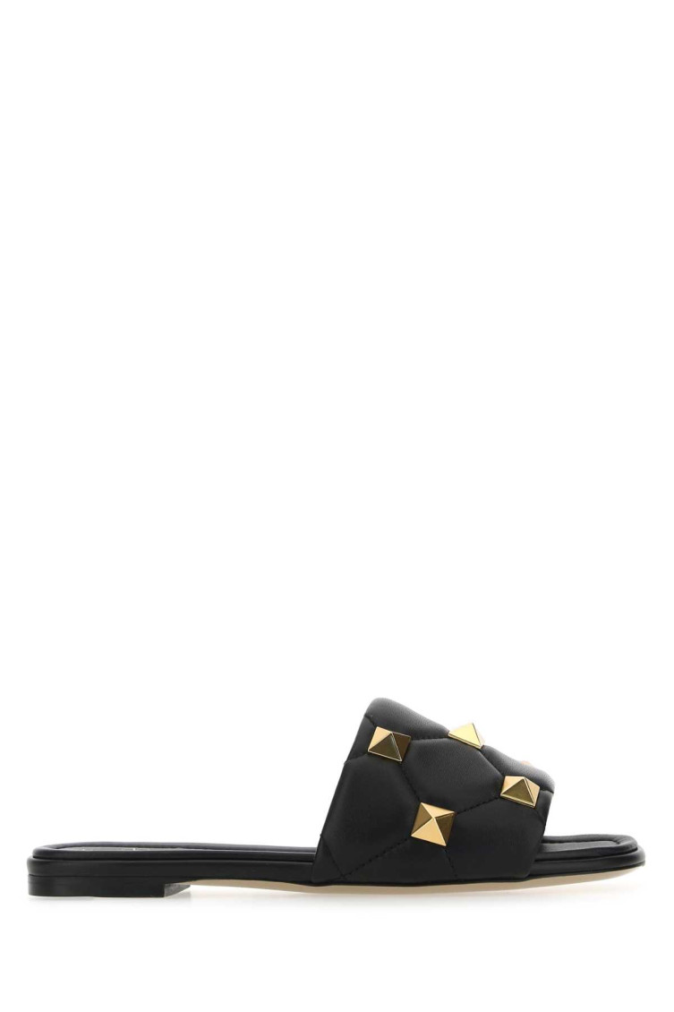 サンダル・ミュール Valentino Garavani Black Nappa Leather Roman Stud Slippers Valentino Garavani Black Leather Roman Stud Slippers for