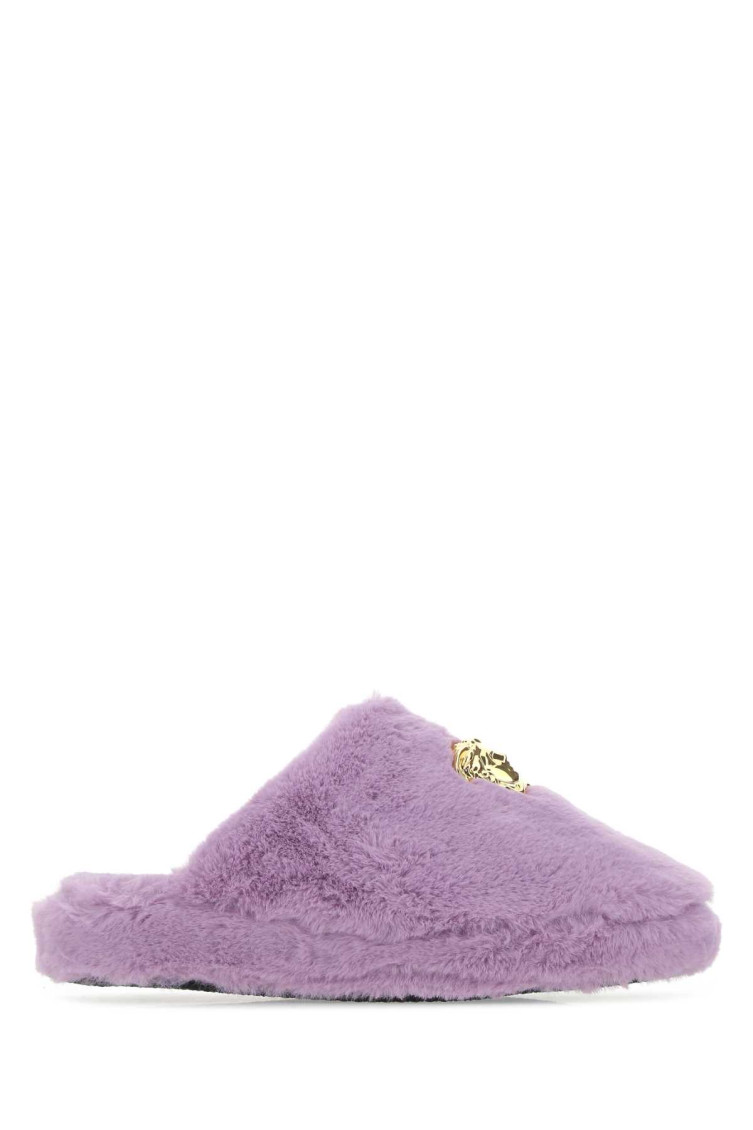 Versace Light Purple Fur Slides In Light Purple