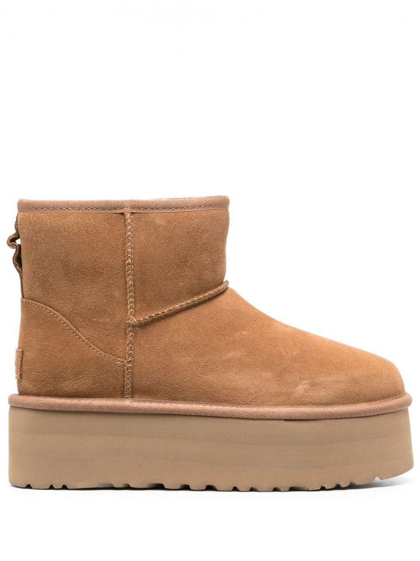 Ugg Camel Suede Classic Mini Platform Ankle Boots In Beige