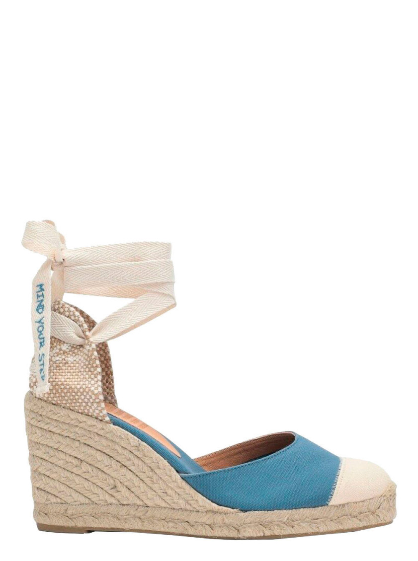 Shop Castaã±er Blue Cotton Espardille Wedges