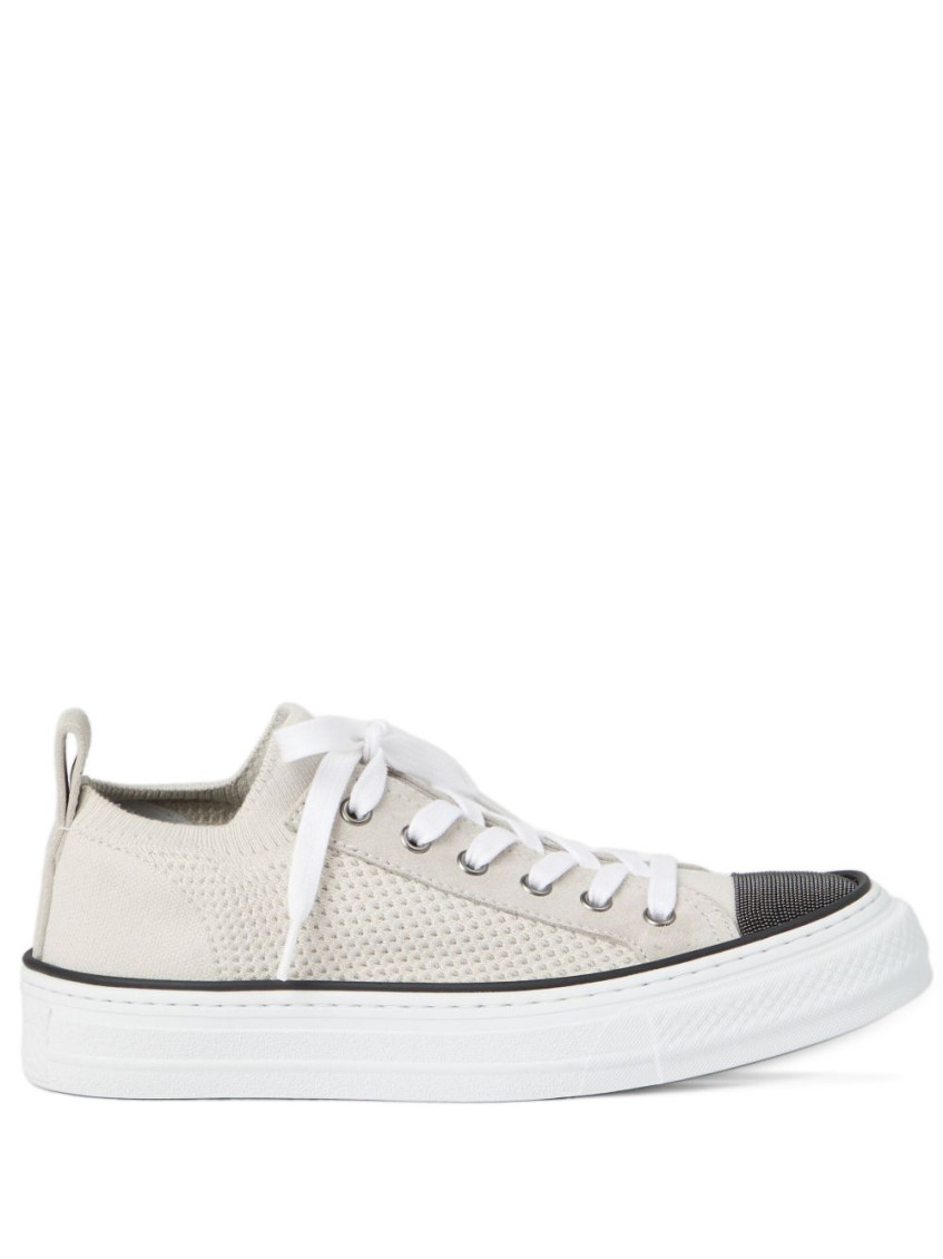 Brunello Cucinelli Low Top Sneaker With Tab On The Heel In Cotton Knit In White