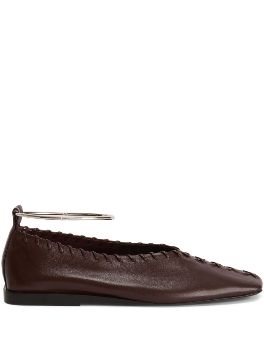 Jil Sander Mahogany Leather Ring Ballerina With Stitched Detail In Brown