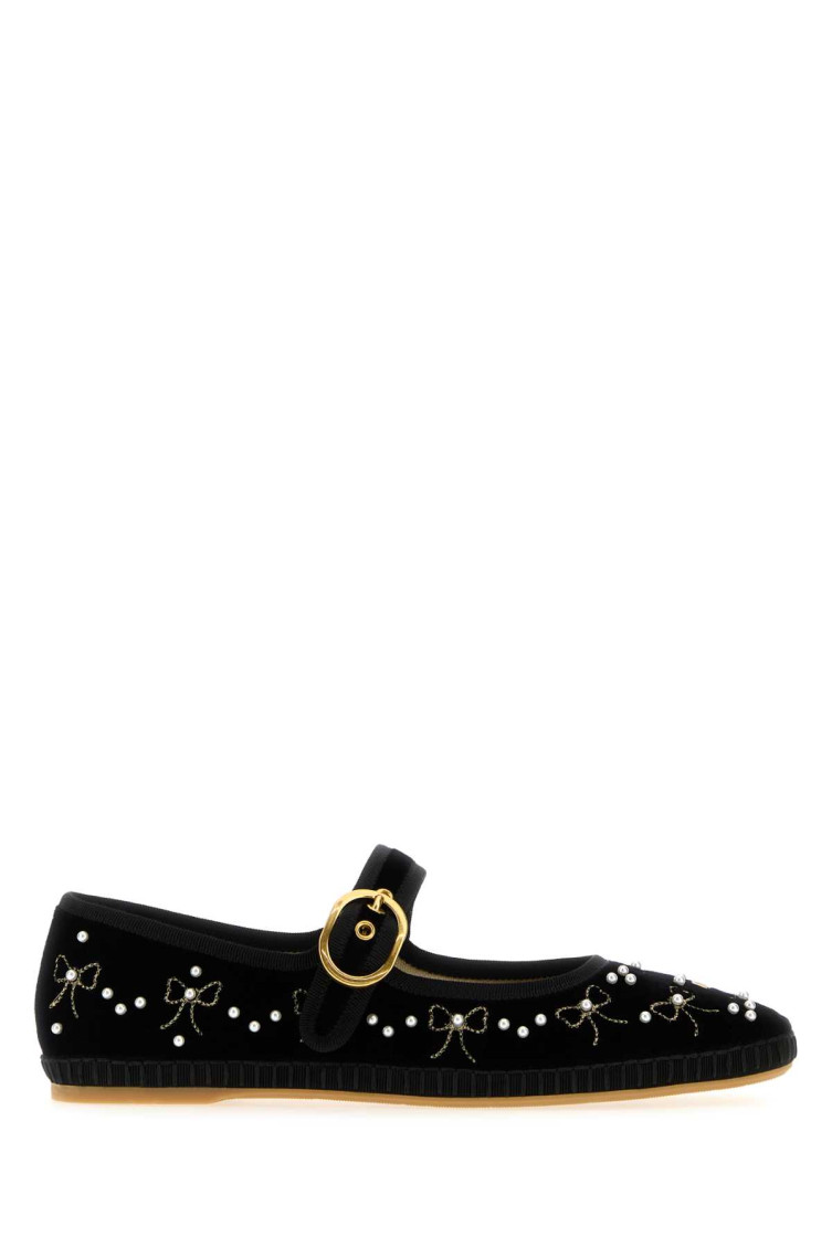 Valentino Endouce Embellished Grosgrain-trimmed Velvet Mary Jane Ballet Flats In Black