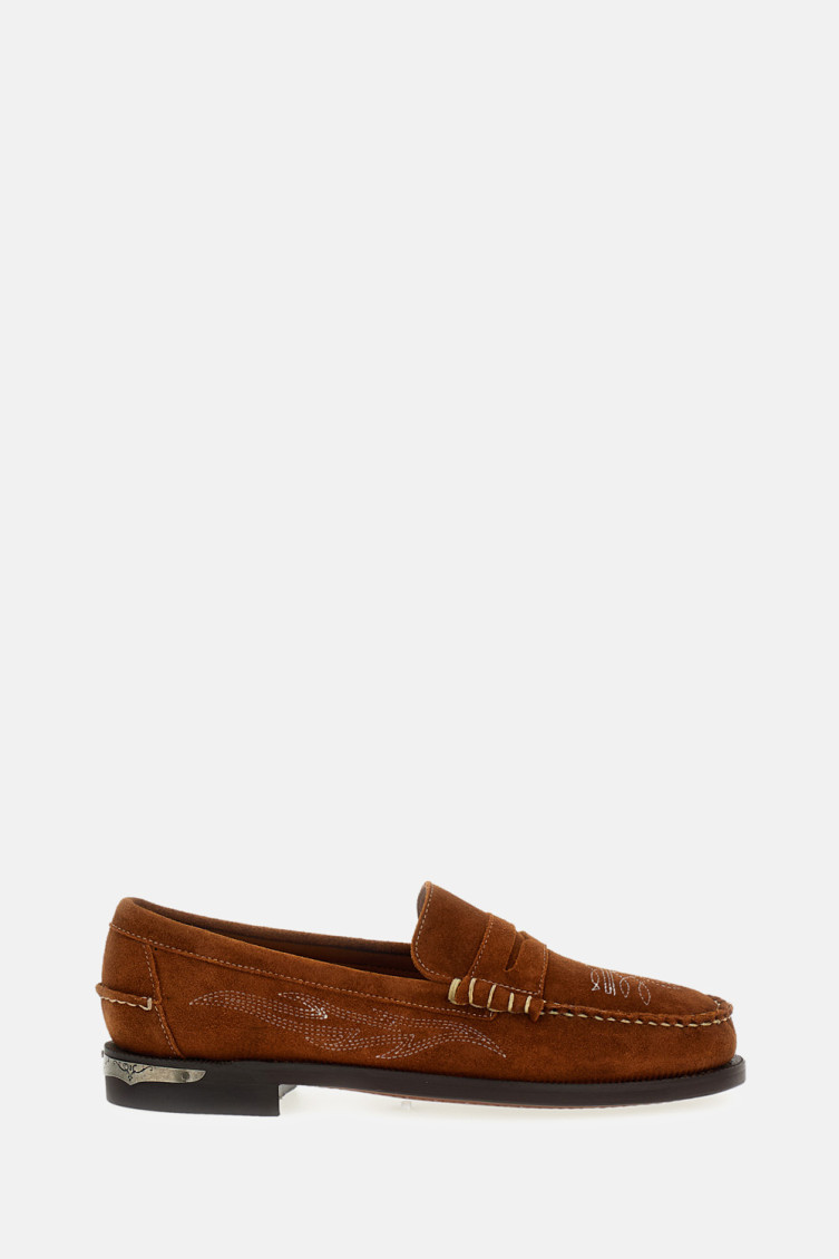 Sebago Brown Suede Loafers With Decorative Stitching In Multi