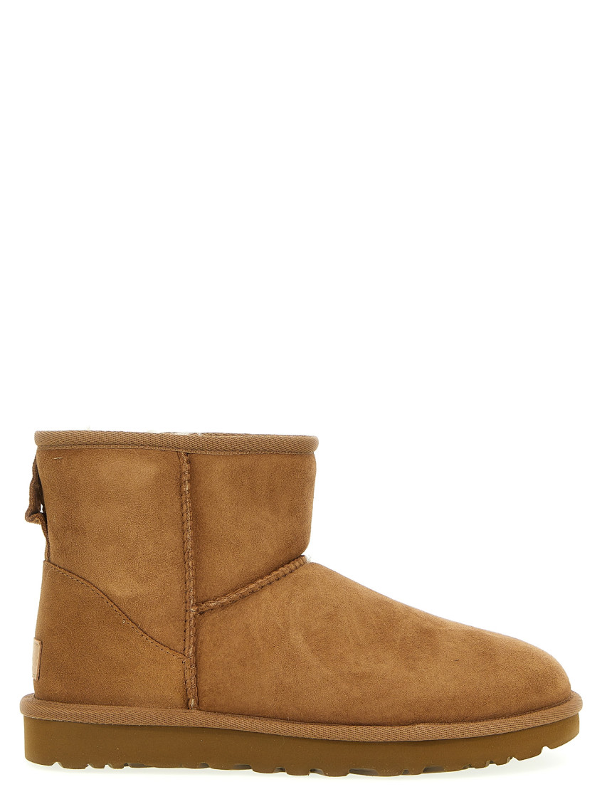 Ugg Classic Mini Beige Ankle Boots With Logo Patch On The Rear In Suede Woman In Beige