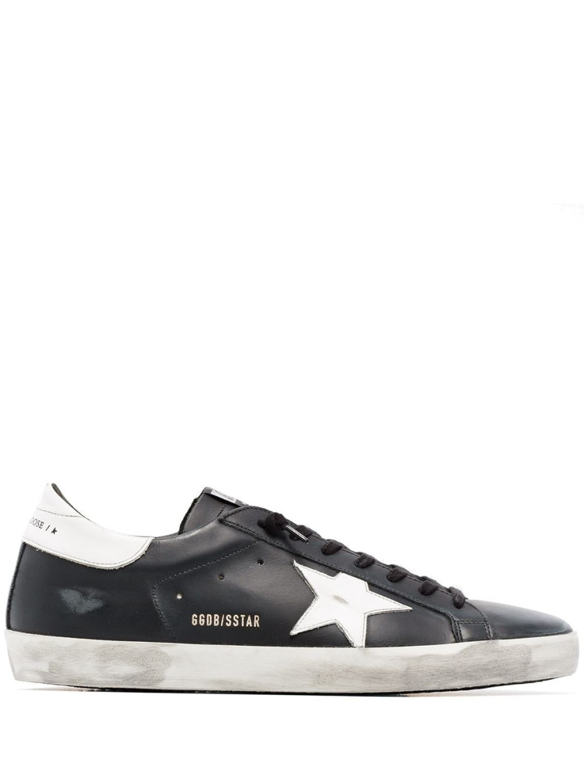 Golden Goose 'super-star' Black Low Top Sneakers With Logo Patch And Suede Details In Leather Man In Black