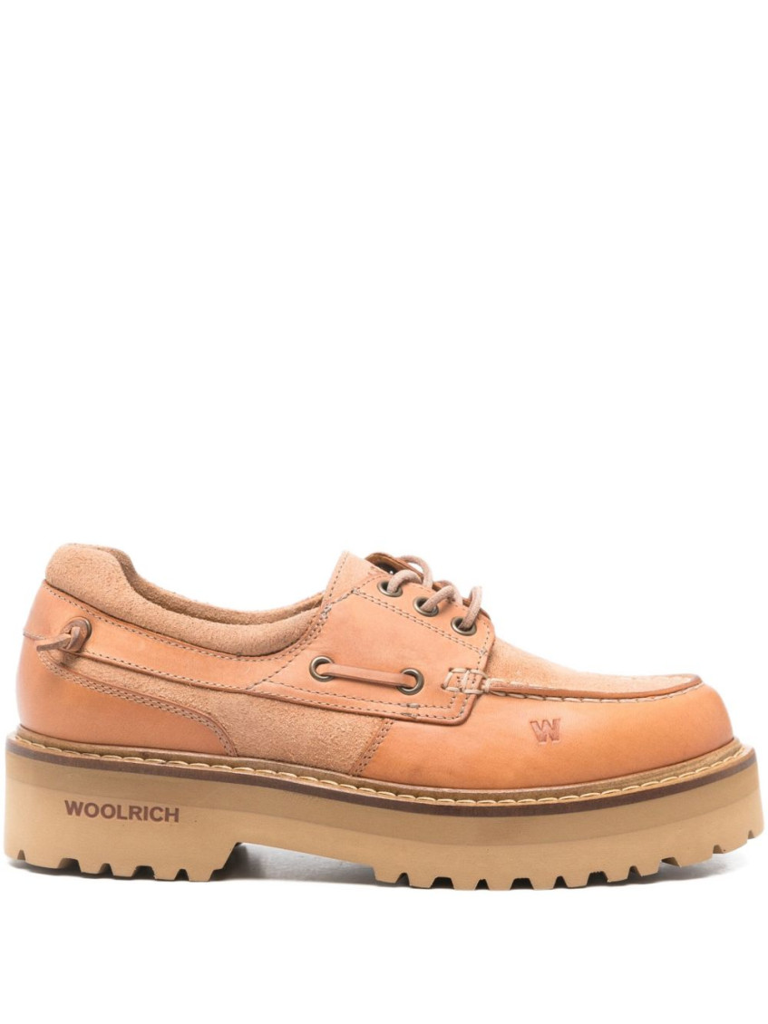 Woolrich Round Toe Leather Lace-up Boat Loafers In Brown
