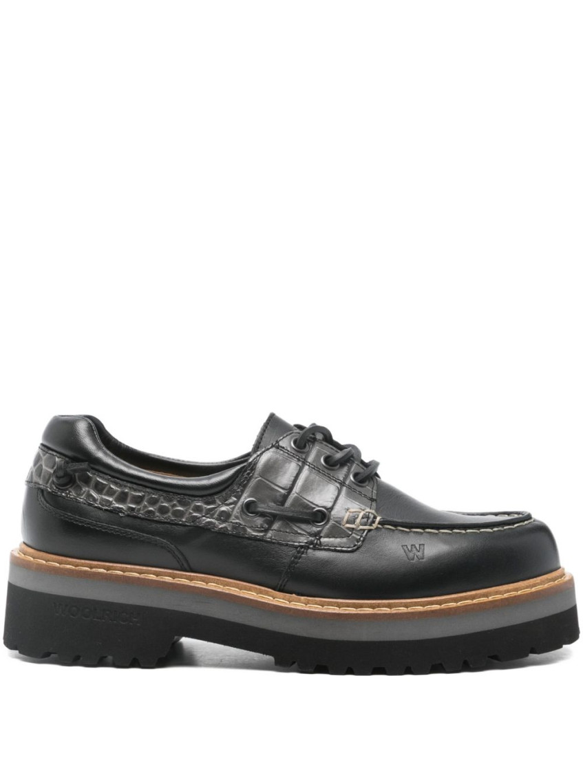 Woolrich Leather Boat Loafers Lug Sole In Black