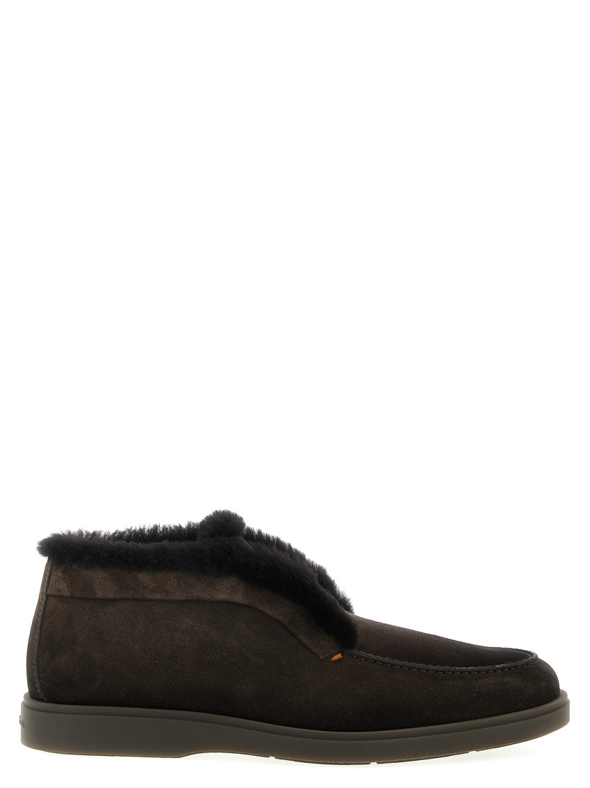 Santoni Suede Shearling Ankle Boots In Brown