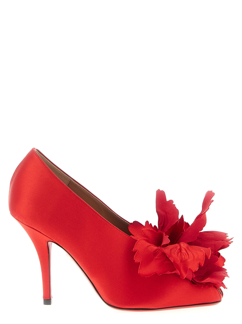 Ferragamo Floral Peep Toe Satin Stiletto Pumps In Red