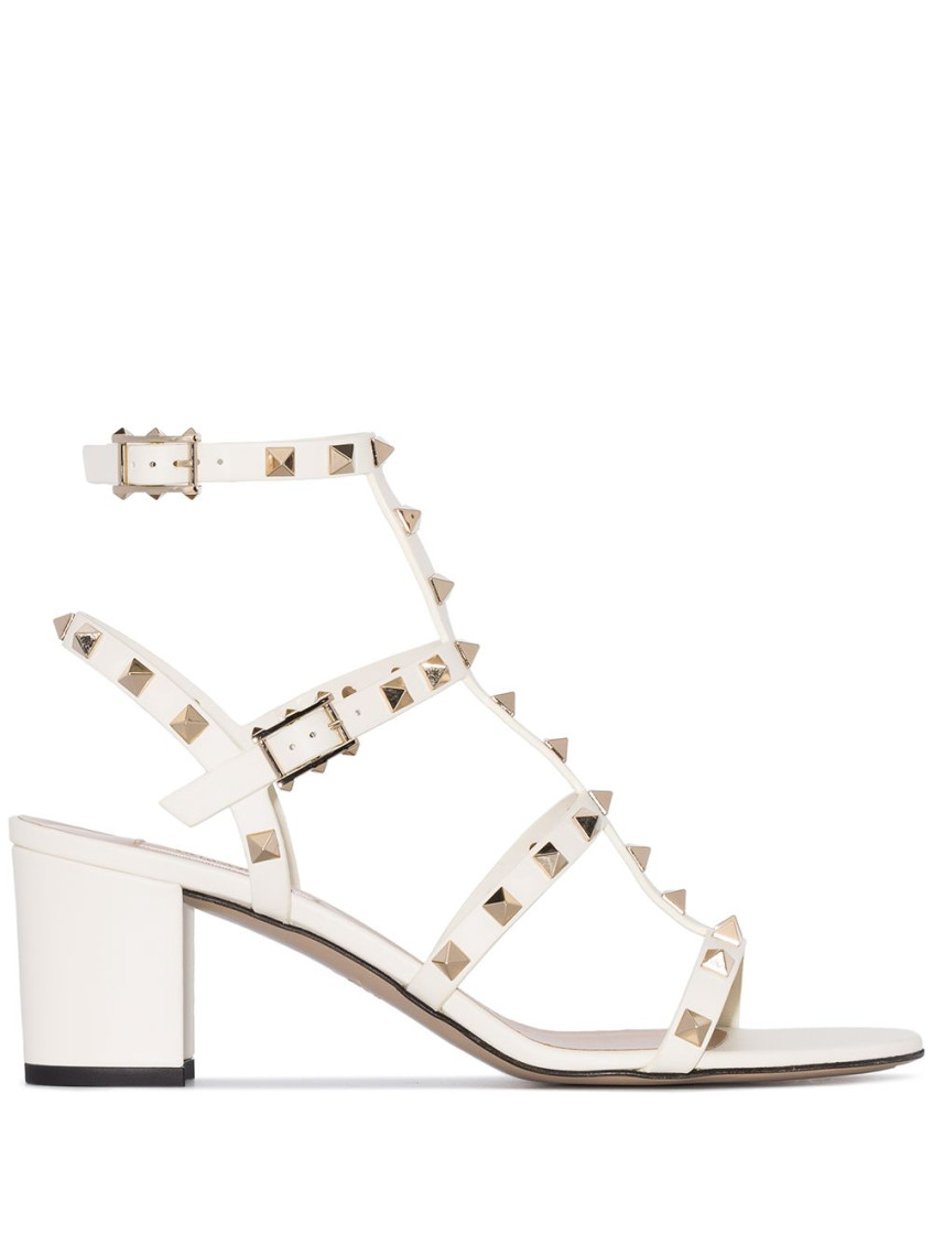 Shop Valentino White Rockstud Leather Heels