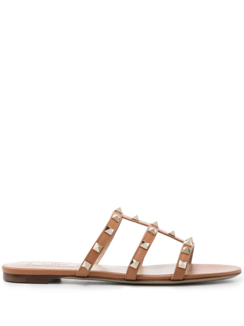 Valentino Brown Rockstud Leather Sandals In Brown