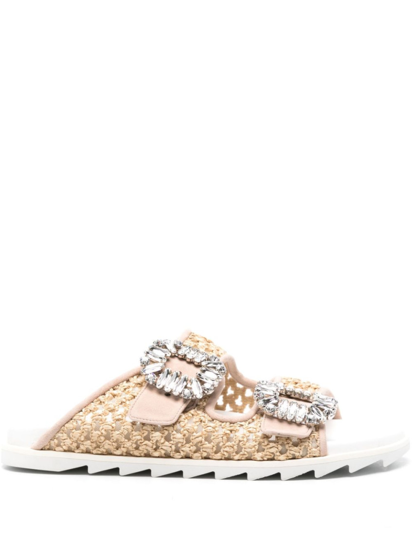 Roger Vivier Chic Raffia Slidy Flat With Rhinestone Buckle In Brown