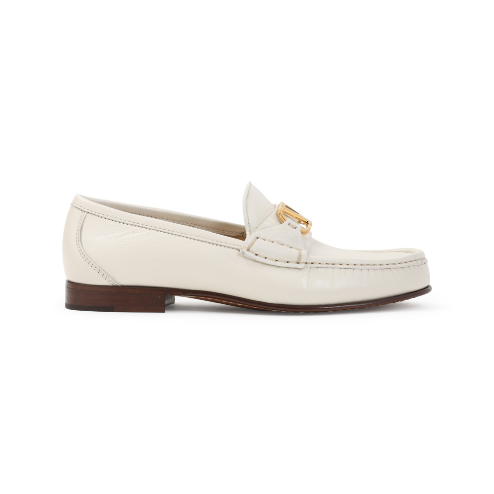 Valentino Ivory Leather Loafer With Golden Metal V Logo In White